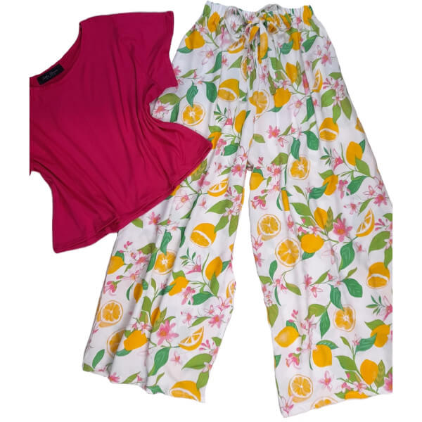 Round Neck Blouse And Printed Pants Set